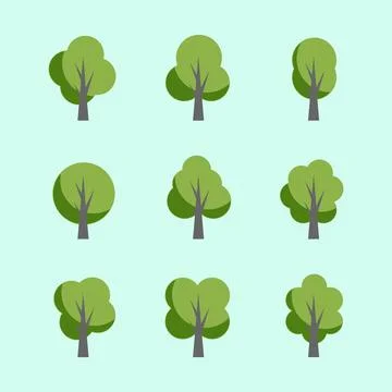 Set of nine flat trees in green tones Stock Illustration