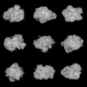 Set of nine fluffy clouds isolated on black background 3d illustration Stock Illustration