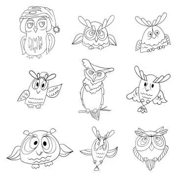 Set of nine funny owls Illustrazione stock