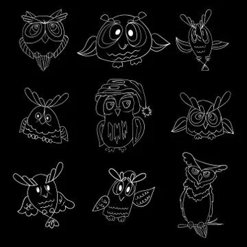 Set of nine funny owls Stock Illustration