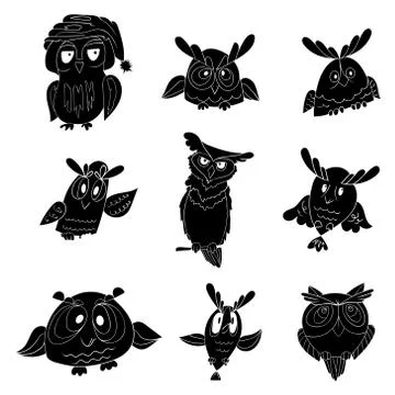 Set of nine funny owls Stock Illustration