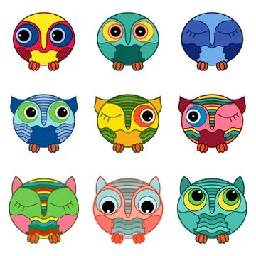 Set of nine funny owls Stock Illustration
