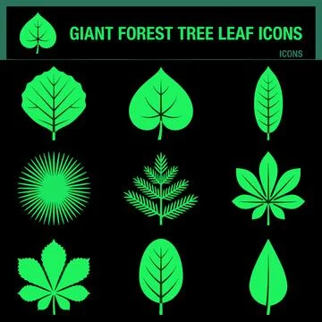 Set of Nine Giant Forest Tree Leaf Icons in Neon Green. Stock Illustration