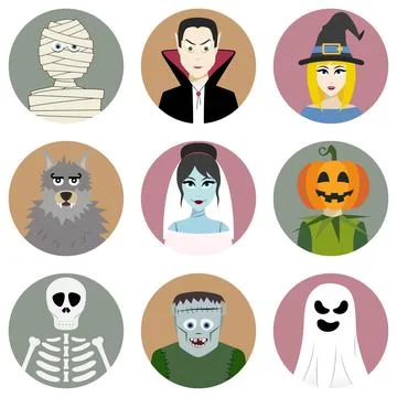 Set of nine Halloween characters Stock Illustration