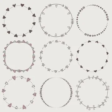 Set of nine hand-draw vector laurel wreaths. Sketch frames, hand-drawn Illustrazione stock