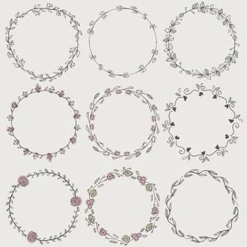 Set of nine hand-draw vector laurel wreaths. Sketch frames, hand-drawn Illustrazione stock