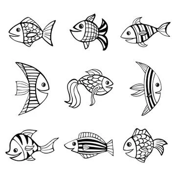 Set of nine isolated hand drawn black outlines fishes on white background. Stock Illustration