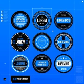 Set of nine labels and badges in blueprint style. EPS10 Stock Illustration
