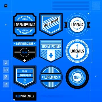 Set of nine labels and badges in blueprint style. EPS10 Stock Illustration