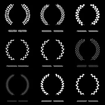 Set of nine laurel wreath or crowns. Editable. Stock Illustration