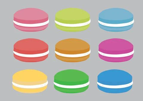 A set of nine macaron in different colors. Vector illustration. Stock Illustration