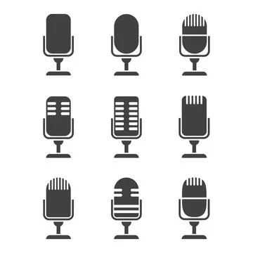 Set of nine minimalist flat vector microphone icons for podcasting radio Stock Illustration