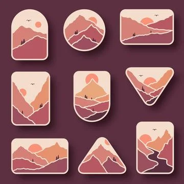 Set of nine mountain travel emblems in pink colors. Outdoor adventure badge.. Stock Illustration