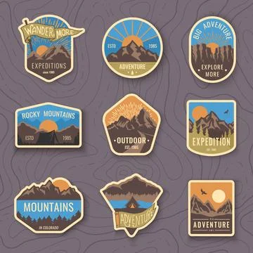 Set of nine mountain travel emblems. Camping outdoor adventure emblems, bad.. Stock Illustration