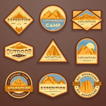 Set of nine mountain travel emblems. Camping outdoor adventure emblems, bad.. Stock Illustration