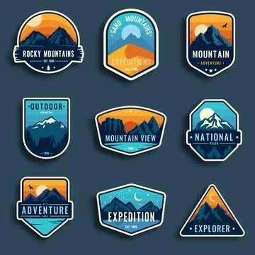 Set of nine mountain travel emblems. Camping outdoor adventure emblems, bad.. Stock Illustration
