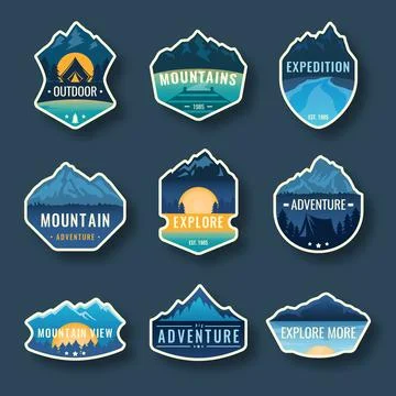 Set of nine mountain travel emblems. Camping outdoor adventure emblems, bad.. Stock Illustration