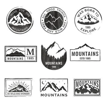 Set of nine mountain travel emblems with grunge texture. Camping outdoor ad.. Stock Illustration