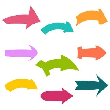 Set of nine multicolored various arrows Stock Illustration
