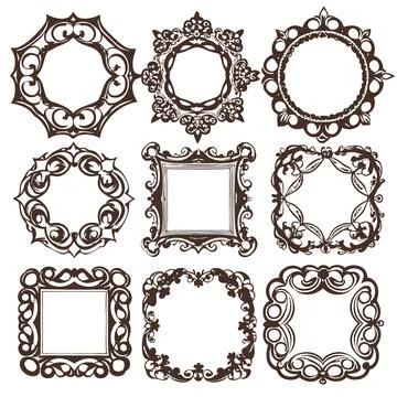Set of Nine Ornate Decorative Frames Isolated Stock Illustration