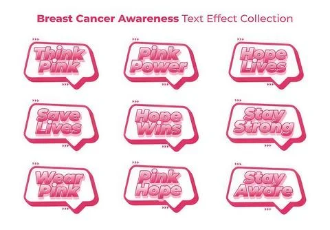 Set of nine pink speech bubbles with breast cancer awareness text Stock Illustration