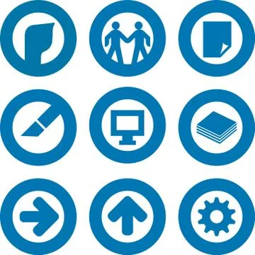 Set of nine printer icon in blue. Round by circle. Stock Illustration