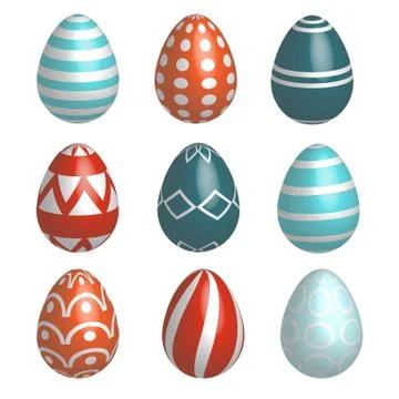 Set of nine realistic colorful vector Easter eggs with simple pattern and shadow Illustrazione stock