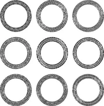 Set of nine round vector frames in tire traces style Stock Illustration