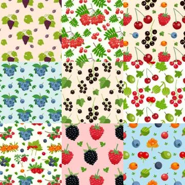 Set Of Nine Seamless Berries Patterns Illustrazione stock