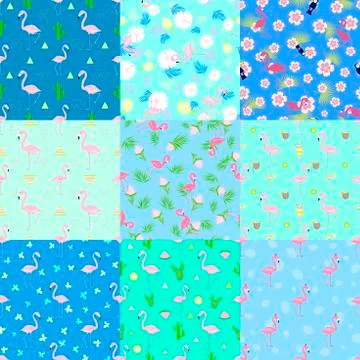 Set of nine seamless patterns pink flamingos Illustrazione stock