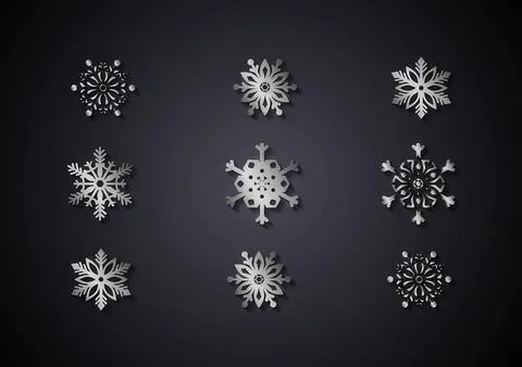 Set of nine silver snowflakes on dark background Stock Illustration