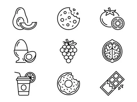 Set of nine simple line art icons representing food and drink items like av.. Stock Illustration