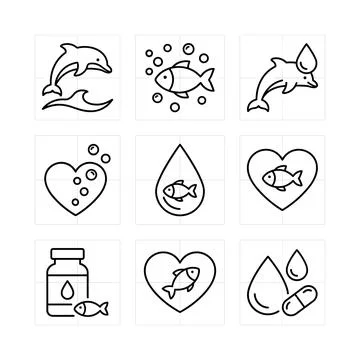Set of nine simple line art icons featuring fish, dolphins, hearts, drops, .. Stock Illustration