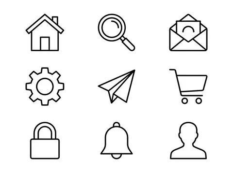 Set of nine simple line icons including house, magnifying glass, envelope, .. Stock Illustration
