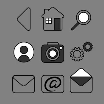 Set of nine simple monochrome web icons: navigation, user profile, settings,  Stock Illustration