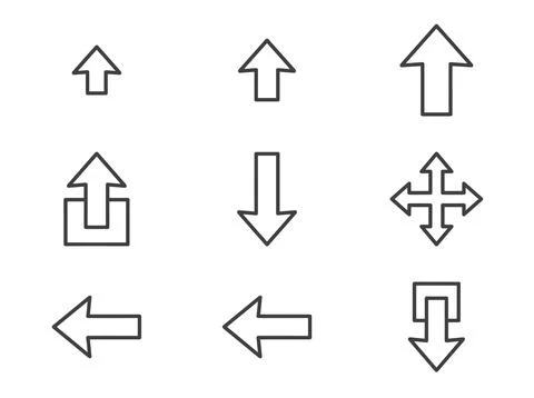 Set of nine simple outline arrow icons including up, down, left, right, upl.. Stock Illustration
