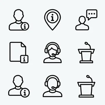 Set of nine simple outline icons representing information, communication, a.. Stock Illustration