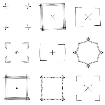 Set of nine square black doodle frames. Stock Illustration