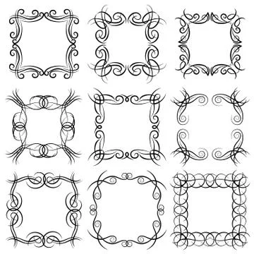 Set of nine square black monogram elements on a white background Stock Illustration