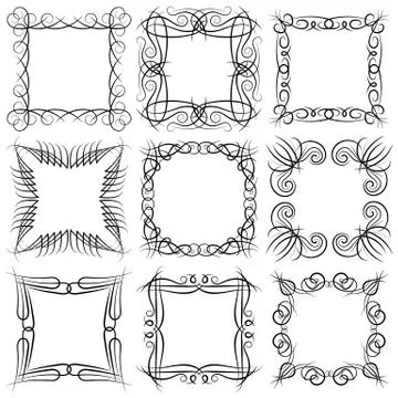 Set of nine square black monogram elements on a white background Stock Illustration