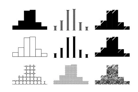 Set of nine stylized bar chart histograms with various textures and fills for Stock Illustration