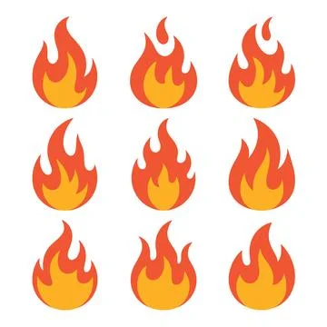 Set of Nine Stylized Fire on White Background Stock Illustration