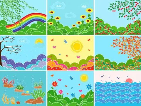 Set of nine various locations and seasons Stock Illustration