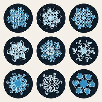 Set of Nine Vector Line Art Stroke Offset Geometric Blue Snowflake Shape Design Illustrazione stock