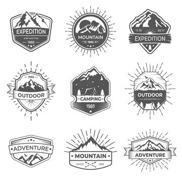 Set of nine vector mountain and outdoor adventures logo. Logotype templates.. Stock Illustration