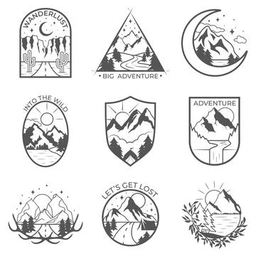 Set of nine vector mountain and outdoor adventures badges. Templates and ba.. Stock Illustration