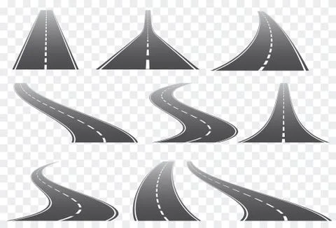 Set of nine vector roads wit white marks isolated on transparent background.  Stock Illustration