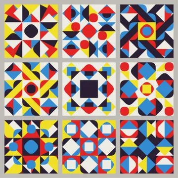 Set of Nine Vector Seamless Blue Red Yellow White Color Retro Geometric Ethnic Stock Illustration
