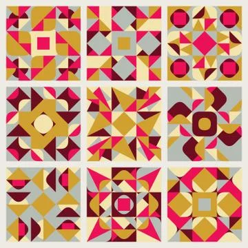 Set of Nine Vector Seamless Blue Pink Yellow White Colors Retro Geometric Ethnic Illustrazione stock