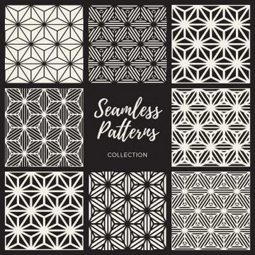 Set of Nine Vector Seamless Cube Lines Geometric Pattern Collection 스톡 일러스트